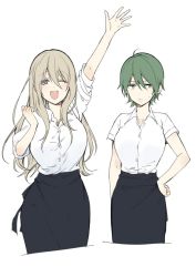2girls ;d ahoge akizuki_kouyou apron arm_up blend_s blonde_hair collared_shirt commentary_request dino_(blend_s) dress_shirt genderswap genderswap_(mtf) green_eyes green_hair long_hair multiple_girls nakayama_miyuki one_eye_closed open_mouth shirt short_hair short_sleeves simple_background sleeves_pushed_up smile sweatdrop waist_apron white_background