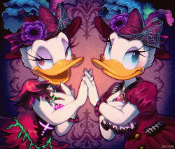 2girls black_eyes blue_sclera bow bracelet colored_sclera daisy_duck disney disneyland dual_persona duck_girl eyeshadow flower half-closed_eyes hat hat_bow hat_feather hat_flower holding_hands interlocked_fingers jewelry kiri_futoshi long_eyelashes makeup multiple_girls open_mouth puffy_short_sleeves puffy_sleeves purple_eyeshadow red_eyes short_sleeves silk spider_web twitter_username