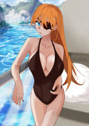 Rule 34 | 1girl, 98minhye, :/, absurdres, alternate breast size, alternate costume, arm rest, black nails, black one-piece swimsuit, blue eyes, breasts, cleavage, closed mouth, collarbone, cowboy shot, day, eyepatch, hair down, highres, large breasts, long hair, looking at viewer, neon genesis evangelion, one-piece swimsuit, orange hair, outdoors, railing, rebuild of evangelion, sky, solo, souryuu asuka langley, swimsuit, thighs, tsundere, very long hair, water, wide hips