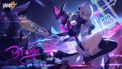 1girl black_gloves black_thighhighs breasts bronya_zaychik bronya_zaychik_(heart_of_the_night) bronya_zaychik_(silverwing:_n-ex) chinese_clothes dress fur-trimmed_dress fur_trim gloves grey_eyes grey_hair gun hair_ornament hairclip high_ponytail highres holding holding_gun holding_weapon honkai_(series) honkai_impact_3rd long_hair looking_at_viewer medium_breasts night night_sky official_art official_wallpaper outdoors parted_lips ponytail single_thighhigh sky sunglasses thighhighs wavy_hair weapon