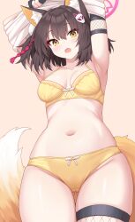 1girl absurdres animal_ear_fluff animal_ears armpits arms_up blue_archive blush bra breasts brown_background brown_hair commentary enru fang fishnet_thighhighs fishnets fox_ears fox_girl fox_hair_ornament fox_tail gluteal_fold hair_ornament halo highres izuna_(blue_archive) looking_at_viewer medium_breasts navel one_side_up open_mouth panties pink_halo pom_pom_(clothes) pom_pom_hair_ornament rope shimenawa short_hair simple_background single_thighhigh skin_fang skindentation solo stomach tail thick_thighs thighhighs thighs underwear yellow_bra yellow_eyes yellow_panties yellow_tail