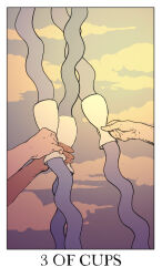 Rule 34 | border, card (medium), cloud, cup, dark skin, english text, floating liquid, gradient background, gradient sky, grey sky, grey theme, holding, holding cup, jessica hayworth, liquid, orange clouds, original, outdoors, pale skin, sky, surreal, tarot, tarot (medium), water, white border, yellow clouds