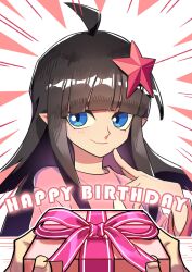 1girl 1other absurdres ahoge aotu_world black_hair blue_eyes blunt_bangs box chinese_commentary closed_mouth emphasis_lines english_text gift gift_box hair_ornament happy_birthday highres holding holding_box holding_gift index_finger_raised kaili_(aotu_world) long_hair long_sleeves looking_at_viewer official_art pink_ribbon pink_shirt pointy_ears pov pov_hands qi_chuang_she ribbon shirt sidelocks smile solo_focus star_(symbol) star_hair_ornament upper_body