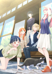 5girls all_fours arm_up black_hair blonde_hair blue_jacket blue_shirt cat closed_eyes closed_mouth commentary day denim denim_shorts dress dress_under_shirt full_body gold_dress green_eyes green_hoodie hand_to_forehead hand_up high_ponytail highres hood hoodie horizontal-striped_dress hououji_akane jacket jeans long_dress long_hair long_sleeves looking_at_another looking_at_viewer looking_up makuzawa_ouka medium_dress megami_no_cafe_terrace multiple_girls official_art on_floor on_ground ono_shiragiku open_door open_mouth orange_eyes orange_hair orange_sandals outdoors own_hands_together pants pink_hair ponytail print_dress purple_eyes sandals seo_kouji shirt short_hair shorts shouji sitting sleeveless sleeveless_shirt sliding_doors smile standing track_jacket tsukishima_riho tsuruga_ami two-tone_dress white_dress white_shirt wooden_floor