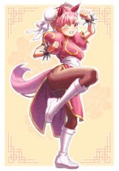 alternate_color alternate_costume boots bracelet brown_pantyhose capcom china_dress chinese_clothes chun-li chun-li_(cosplay) cosplay creape double_bun dress hair_bun haru_urara_(umamusume) highres horse_girl jewelry pantyhose parody pink_dress pink_eyes pink_hair spiked_bracelet spikes standing standing_on_one_leg street_fighter umamusume white_boots