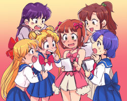 6+girls aino_minako amami_haruka behind_another bishoujo_senshi_sailor_moon blonde_hair blue_hair blue_sailor_collar blue_skirt blush bow bowtie brown_hair choker crossover cute_&amp;_girly_(idolmaster) double_bun dress dress_bow gradient_background green_eyes hair_bow hair_bun hand_on_another&#039;s_head hino_rei holding holding_paper holding_pen idolmaster idolmaster_(classic) idolmaster_1 juuban_middle_school_uniform kino_makoto kino_makoto&#039;s_school_uniform long_hair long_sleeves looking_at_another mizuno_ami multiple_girls open_mouth paper pen pink_choker pink_dress pleated_skirt ponytail purple_hair red_bow red_bowtie sailor_collar school_uniform serafuku shiba_koen_middle_school_uniform shirt short_hair signing skirt sleeveless sleeveless_dress smile snow_strawberry_(idolmaster) standing sweatdrop ta_girls_school_uniform teeth tsubobot tsukino_usagi twintails upper_teeth_only white_shirt