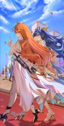 2girls absurdres ancient_greek_clothes augusta_(wuthering_waves) blue_hair blue_sky breasts chromatic_aberration closed_eyes commentary day earrings english_commentary from_side greco-roman_clothes hair_belt hand_up high_heel_sandals highres index_finger_raised iuno_(wuthering_waves) jewelry long_hair medium_breasts multicolored_hair multiple_girls open_mouth orange_hair outdoors people sandals sky smu_(xhsg8274) streaked_hair talking wuthering_waves