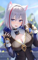 1girl animal_ears black_gloves blush breasts cat_ears cipher_(honkai:_star_rail) cipher_(honkai:_star_rail)_(cosplay) cleavage cosplay fingerless_gloves gloves hair_between_eyes highres honkai:_star_rail honkai_(series) hood hood_down looking_at_viewer multicolored_hair outdoors parted_lips red_hair sakuno_(sksk_sakuno) short_hair solo streaked_hair topaz_(honkai:_star_rail) upper_body
