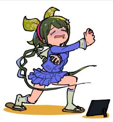 Rule 34 | 1girl, chabashira tenko, closed eyes, controller, danganronpa (series), danganronpa v3: killing harmony, drooling, game controller, green hair, highres, holding, holding controller, holding game controller, layered skirt, long hair, long sleeves, mole, mole under mouth, nintendo switch, purple shirt, purple skirt, sandals, shirt, skirt, socks, solo, white background, youko-shima