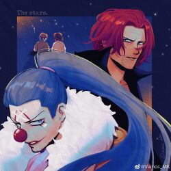 2boys absurdres beard black_coat buggy_the_clown clown_nose coat connected_beard english_text facepaint facial_hair hat highres male_focus multiple_boys one_piece parted_lips ponytail red_hair scar scar_across_eye scar_on_face shanks_(one_piece) short_hair star_(sky) vamos_mk