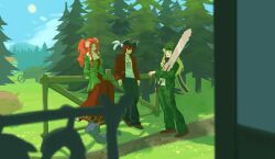 111nuaywwa 1girl 2boys breasts brown_shoes cat cleavage combat_helmet cosplay costume_switch day dress epic_battle_fantasy flower forest full_body green_dress green_jacket green_pants hair_flower hair_ornament hat helmet highres holding holding_sword holding_weapon house jacket lance_(epic_battle_fantasy) large_breasts layered_dress long_dress matt_(epic_battle_fantasy) military_uniform mountainous_horizon multiple_boys natalie_(epic_battle_fantasy) nature nolegs_(epic_battle_fantasy) open_clothes open_jacket orange_hair outdoors pants pig pirate_hat red_dress red_jacket shirt shoes sitting_on_fence sun sword tree weapon wheelbarrow white_shirt