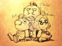 Rule 34 | 1girl, 2boys, :o, alph (pikmin), backpack, badge, bag, big nose, brittany (pikmin), character name, charlie (pikmin), closed mouth, facial hair, freckles, gloves, graphite (medium), greyscale, grin, hand on ground, hand on own chest, hands on another&#039;s head, hands on ground, looking at viewer, miniskirt, mohawk, monochrome, multiple boys, mustache, nintendo, no headwear, open mouth, parted lips, photo (medium), pikmin (series), pikmin 3, shadow, short hair, sitting, skirt, smile, spacesuit, standing, traditional media, very short hair, wariza, yamato koara