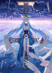1girl absurdres arms_at_sides bird blue_dress blue_eyes blue_footwear blue_sky bodysuit building city cloud commentary_request corset cross dove dress earrings flat_chest glitch hair_between_eyes hair_wings halo high_heels highres horizon jewelry kururi latin_cross long_hair long_sleeves looking_at_viewer original outdoors scenery shiny_clothes silver_hair skin_tight sky skyline sleeveless sleeveless_bodysuit smile solo upside-down very_long_hair white_bodysuit