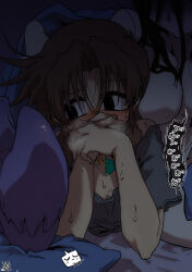 2girls absurdres animal artist_name bandaid bandaid_on_face bed bed_sheet behind_another black_eyes black_hair blush breasts brown_hair clothed_female_nude_female collarbone commentary dark ed-chan_(edkuroki) edkuroki english_commentary grey_shirt hair_between_breasts hair_intakes highres huge_breasts long_hair messy_hair multiple_girls nude original pillow sadi-chan_(edkuroki) shirt signature sleeping_animal small_breasts solo_focus sweat sweatdrop yuri