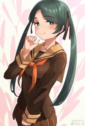 1girl black_hair brown_serafuku brown_shirt brown_skirt green_eyes highres izumikuma kantai_collection long_hair long_sleeves mikuma_(kancolle) mikuma_kai_ni_(kancolle) neckerchief one-hour_drawing_challenge orange_neckerchief orange_sailor_collar pleated_skirt sailor_collar school_uniform serafuku shirt skirt solo twintails two-tone_background