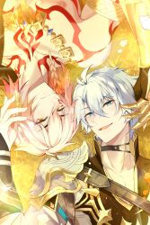 2boys antenna_hair armlet armor black_choker black_coat black_shirt blonde_hair blue_eyes braid chest_tattoo choker clawed_gauntlets coat commentary earrings facial_tattoo gold_earrings gold_necklace gradient_hair hair_between_eyes highres honkai:_star_rail honkai_(series) irissu_g jewelry lying male_focus medium_hair multicolored_hair multiple_boys mydei_(honkai:_star_rail) neck_tattoo necklace on_back on_grass open_clothes open_coat parted_bangs pauldrons phainon_(honkai:_star_rail) red_hair red_tattoo shirt short_hair shoulder_armor side_braid single_pauldron sun_symbol sun_tattoo tan tattoo white_coat white_hair yaoi yellow_eyes