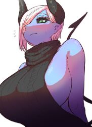 1girl bare_shoulders black_horns black_sclera black_tail blue_skin breasts colored_sclera colored_skin curvy demon_girl demon_horns flying_sweatdrops green_eyes hair_over_one_eye highres horns huge_breasts looking_at_viewer meme_attire musuko_ga_kawaikute_shikatanai_mazoku_no_hahaoya pointy_ears ribbed_sweater short_hair sideboob solo sweat sweatdrop sweater tail teresa_(mazohaha) virgin_killer_sweater wavy_mouth white_background zyugoya