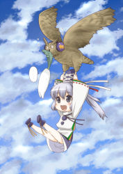 1girl animalization bad_id bad_pixiv_id bird blue_eyes blush chibi cloud daikon day earmuffs female_focus grey_hair harukaze_unipo hat headphones japanese_clothes mononobe_no_futo objectification owl ponytail radish soga_no_tojiko soga_no_tojiko_(radish) solo tate_eboshi touhou toyosatomimi_no_miko toyosatomimi_no_miko_(owl) unipo