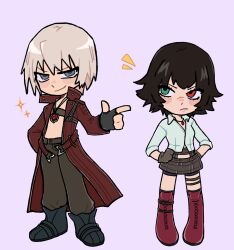 1boy 1girl absurdres black_gloves black_hair coat dante_(devil_may_cry) deformed devil_may_cry devil_may_cry_(series) devil_may_cry_3 fingerless_gloves gloves green_eyes hands_on_own_hips heterochromia highres iluvmyhamster69 jewelry lady_(devil_may_cry) midriff necklace no_shirt pants purple_background red_coat red_eyes scar scar_on_face scar_on_nose shirt simple_background skirt smile white_hair white_shirt
