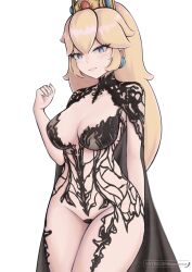 1girl black_cape black_dress blonde_hair blue_eyes blush breasts cape chronopattern_dress cleavage closed_mouth covered_erect_nipples crown dress earrings highres jewelry large_breasts long_hair looking_at_viewer mario_(series) meme_attire mourderousx nintendo nipples ponytail princess_peach revealing_clothes simple_background smile solo sphere_earrings white_background