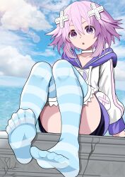 1girl absurdres choker choujigen_game_neptune d-pad d-pad_hair_ornament feet hair_ornament highres hood hooded_jacket hooded_track_jacket hoodie jacket neptune_(neptunia) neptune_(series) open_mouth purple_eyes purple_hair short_hair socks soles solo striped_clothes striped_socks thighs toes track_jacket xueli_shimazaki