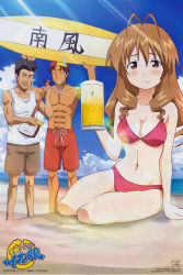 Rule 34 | 1girl, 2boys, absurdres, alcohol, arashiyama gorou, arms up, beer, bikini, blush, brown eyes, brown hair, cup, fixed, highres, instrument, kosuge kazuhisa, lifeguard, long hair, mr. tokita, mug, multiple boys, shamisen, shinryaku! ikamusume, surfboard, swimsuit, tokita ayumi