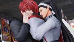Rule 34 | black hair, hairband, kagura chizuru, long hair, long sleeves, musician, pale skin, priestess, red hair, sad, smile, snk, the king of fighters, the king of fighters xv, xnalara, yagami iori