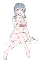 1girl barefoot bed blue_eyes blue_hair bra breasts cleavage gotland_(kancolle) hair_bun kantai_collection medium_breasts mole mole_under_eye panties pink_bra pink_panties short_hair_with_long_locks sitting solo tamu_(mad_works) underwear underwear_only