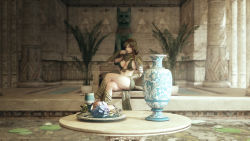 1girl 3d ancient_egyptian ancient_egyptian_clothes armor blurry breasts brown_hair chalice cleavage crossed_legs cup depth_of_field female_focus full_body gorget greaves green_eyes headdress hieroglyphics highres indoors jewelry kingdom_under_fire lily_pad long_hair looking_at_viewer medium_breasts midriff no_bra original pauldrons plant plate primrose_egypt ryanreos shoulder_armor sidelocks sitting solo statue table vambraces vase water