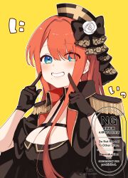 1girl absurdres between_breasts black_bow black_dress black_gloves black_jacket blue_eyes blush bow breasts cleavage commentary commission dress english_text epaulettes eyes_visible_through_hair fingers_to_cheeks flower gloves hair_over_one_eye hands_up highres jacket jacket_on_shoulders looking_at_viewer medium_breasts mole mole_under_eye orange_hair original rose simple_background skeb_commission smile sofra solo strap_between_breasts upper_body watermark white_flower white_rose yellow_background