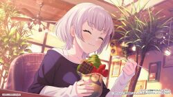 1girl :3 banana banana_slice bang_dream! bang_dream!_it&#039;s_mygo!!!!! black_shirt blush closed_eyes closed_mouth commentary_request food fruit highres holding holding_spoon ice_cream_spoon indoors kaname_raana layered_sleeves long_sleeves matcha_parfait official_art shirt short_hair short_over_long_sleeves short_sleeves sitting sleeves_past_wrists solo spoon strawberry white_hair white_shirt wolf_cut