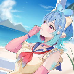 1girl absurdres beach blue_hair blue_sailor_collar blue_sky bracelet breasts clip_studio_paint_(medium) closed_mouth cloud collarbone elbow_gloves eyelashes gloves hair_ornament highres indie_virtual_youtuber jewelry lazuli_(vtuber) momokochiiyo neckerchief necklace ocean pink_gloves purple_eyes red_neckerchief sailor_collar sky solo star_(symbol) star_bracelet star_necklace twitter_username upper_body virtual_youtuber