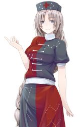 1girl blue_eyes braid breasts crote female_focus hat highres large_breasts long_hair looking_at_viewer puffy_sleeves shirt short_sleeves silver_hair skirt smile solo touhou transparent_background very_long_hair yagokoro_eirin