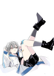 1girl absurdres bandaid bandaid_on_leg bang_dream! bang_dream!_it&#039;s_mygo!!!!! black_shirt black_shoes black_shorts blush brown_eyes commentary grey_hair grey_socks hair_between_eyes highres jacket jhon_trick open_mouth shirt shoes short_hair shorts socks solo sweatdrop takamatsu_tomori white_jacket