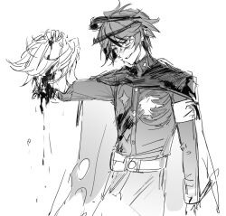 Rule 34 | 2boys, ahoge, aotsuki eito, armband, decapitation, highres, holding, holding sword, holding weapon, last defense academy school uniform, looking at another, male focus, messy hair, multicolored hair, multiple boys, severed head, simple background, sketch, smile, standing, sumino takumi, sword, the hundred line -last defense academy-, weapon, white background