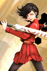 1girl black_hair black_pantyhose commentary eyelashes from_side highres holding holding_sword holding_weapon lipstick long_sleeves looking_at_viewer macossa maken_x makeup medium_hair pantyhose pleated_skirt red_lips red_skirt sagami_kei school_uniform short_hair skirt smile sword weapon yellow_eyes