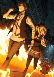 Rule 34 | 1boy, 2girls, arimura hinae, black pantyhose, black ribbon, blonde hair, blue eyes, blue hair, casual, chaos;child, clenched hands, clenched teeth, cloud, cloudy sky, collarbone, collared shirt, denim, denim skirt, dress, dutch angle, fire, haida riko, hair ribbon, high heels, highres, hood, hooded vest, hoodie, long hair, long skirt, looking back, miniskirt, miyashiro takuru, multiple girls, night, official art, open mouth, outstretched arms, pantyhose, parted lips, pink hair, pyrokinesis, red dress, ribbon, running, shirt, short hair, skirt, sky, sleeves rolled up, sparks, sumo sticker (chaos;child), teeth, tongue, twintails, vest