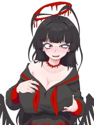 1girl antenna_hair bags_under_eyes black_hair black_nails black_serafuku black_wings blood blood_halo blue_archive blush breasts cleavage grabbing_own_breast halo large_breasts liquid_halo long_hair looking_at_viewer neamosub red_eyes red_halo school_uniform serafuku simple_background solo tsurugi_(blue_archive) white_background wings