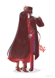 1boy 1girl @_@ armored_boots arms_around_neck belt black_belt black_cape black_hair black_hat black_jacket blunt_ends blush boots brother_and_sister cape crest family_crest fate/grand_order fate_(series) fiery_hair gloves grey_gloves hat hetero holding holding_unworn_clothes holding_unworn_hat incest jacket kepi kiss long_hair long_sleeves low_ponytail military_hat military_jacket military_uniform oda_nobukatsu_(fate) oda_nobunaga_(fate) oda_uri pants peaked_cap ponytail purple_cape red_cape red_jacket red_pants shadow siblings sidelocks simple_background standing surprise_kiss surprised sweatdrop tiptoes two-sided_cape two-sided_fabric unworn_hat unworn_headwear v-shaped_eyebrows very_long_hair white_background wide-eyed yzrh0