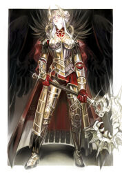 1girl angry arm_armor armor armored_boots armored_gloves axe aymr_(fire_emblem) batting_stance battle_axe black_wings boots cape closed_mouth commentary double_bun edelgard_von_hresvelg edelgard_von_hresvelg_(adrestian_emperor) edelgard_von_hresvelg_(timeskip) english_commentary fake_horns feather_trim feathered_wings feathers fire_emblem fire_emblem:_three_houses fire_emblem_heroes full_armor full_body glint gold_armor gradient_background hair_bun hair_up headpiece highres holding holding_axe holding_weapon horns leg_armor looking_at_viewer looking_down looking_to_the_side nintendo nuyokaiart official_alternate_costume purple_eyes red_cape shoulder_armor solo standing weapon white_hair wings