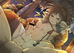 Rule 34 | 2boys, abs, anal, bar censor, bara, blush, brown hair, censored, clenched teeth, clothing aside, commentary request, cum, ejaculation, erection, fake horns, fundoshi, fundoshi aside, granblue fantasy, hand on own penis, horned headwear, horns, iha tobu, japanese clothes, male focus, male masturbation, male penetrated, masturbation, mouth hold, multiple boys, muscular, muscular male, navel, nipples, pectorals, penis, pointy ears, ponytail, sevilbarra, sideburns, stalk in mouth, sweat, teeth, testicles, topless male, yaoi