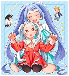 2boys 2girls amajiki_tamaki black_hair black_pantyhose blonde_hair blue_dress blue_eyes blue_hair blush boku_no_hero_academia breasts child closed_eyes closed_mouth dress eri_(boku_no_hero_academia) grey_hair hado_nejire highres horns jacket long_hair looking_at_viewer mmsk_mha multiple_boys multiple_girls open_clothes open_jacket open_mouth pants pantyhose red_dress red_eyes shirt short_hair single_horn smile spiked_hair teeth togata_mirio twintails very_long_hair white_hair