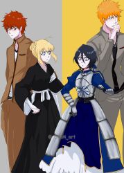 2boys 2girls absurdres ahoge armor armored_dress artoria_pendragon_(fate) black_hair black_kimono bleach blonde_hair blush braid braided_bun brown_eyes caliburn_(fate) cosplay crossover double-parted_bangs dress emiya_shirou fate/stay_night fate_(series) faulds gauntlets green_eyes hair_between_eyes hair_bun hair_ribbon haori highres japanese_clothes kimono kskc4777 kuchiki_rukia kuchiki_rukia_(cosplay) kurosaki_ichigo long_sleeves multiple_boys multiple_girls orange_hair raglan_sleeves red_hair ribbon saber_(fate) saber_(fate)_(cosplay) sash shinigami short_hair stuffed_animal stuffed_lion stuffed_toy taichou_haori white_sash yellow_eyes