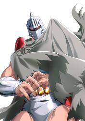 Rule 34 | 1boy, abs, armor, artist request, biceps, cloak, helmet, highres, kinnikuman, large pectorals, looking at viewer, manly, muscular, pectorals, red eyes, robin mask, shaded face, sky, solo, white background, wrestling, wrestling outfit