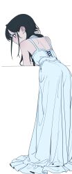 1girl adjusting_hair back black_eyes black_hair dress from_behind full_body highres kingrun leaning_forward long_hair looking_to_the_side original profile solo white_dress