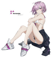 1girl absurdres arm_up armpits artist_name bare_shoulders bikini breasts character_name crotch fate/grand_order fate_(series) full_body hair_over_one_eye highres large_breasts looking_at_viewer mash_kyrielight purple_eyes purple_hair qtian shoes short_hair sideboob simple_background sitting sneakers solo swimsuit type-moon underboob white_background white_bikini