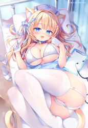 1girl :d absurdres animal_ear_fluff animal_ears ass bandaid bandaid_on_head bell blue_eyes blue_shirt bra breasts bush cat_ears cat_tail cleavage clipboard curtains garter_straps gloves hair_ribbon highres indoors kofuyu_(cofyuuun) large_breasts long_hair looking_at_viewer lying neck_bell nurse on_bed open_mouth orange_hair original panties ribbon shirt slippers smile solo stethoscope tail thighhighs thighs underwear unworn_slippers white_bra white_garter_straps white_gloves white_panties white_thighhighs