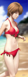 00s 1girl beach bikini blurry brown_eyes brown_hair day depth_of_field female_focus front-tie_top gunparade_orchestra hair_over_one_eye hip_bones mcq navel red_bikini short_hair side-tie_bikini_bottom skindentation solo swimsuit