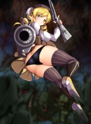 Rule 34 | 1girl, ass, blonde hair, butt crack, goblin, goblin male, gun, highres, m.i.y, mahou shoujo madoka magica, panties, smile, tomoe mami, tomoe mami (magical girl), underwear, weapon