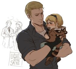 Rule 34 | 1girl, 2boys, aged down, albert wesker, animal hood, artist name, black eyes, black hairband, blonde hair, brown footwear, brown jacket, clenched hand, unworn eyewear, fingerless gloves, gloves, hair slicked back, hairband, highres, hood, hood down, jacket, multiple boys, naomi skye, resident evil, sherry birkin, short sleeves, white background, william birkin